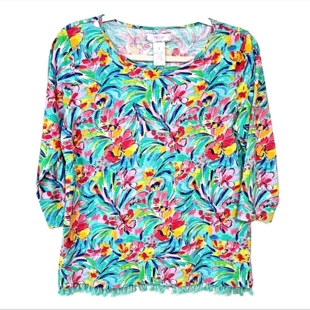 Stella Parker - Blue, Teal, Red Multi Color Floral 3/4 Sleeve Tassel Hem Blouse